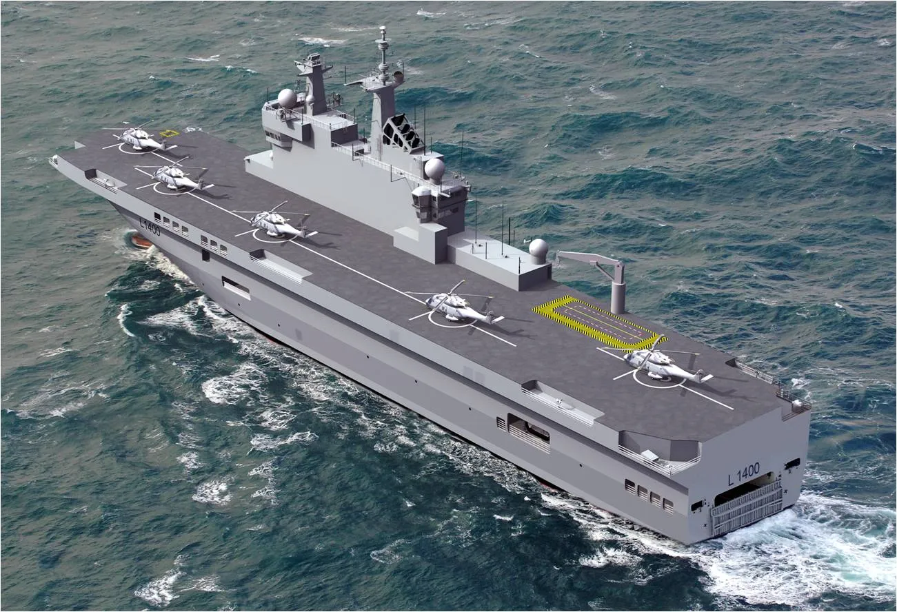 Mistral-class amphibious assault ship with helicopters on deck